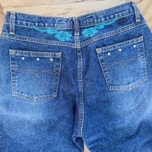 Cruel Girl, Women's 15, Low Rise Relaxed Fit Studded Turquoise Embroidered Jeans - Picture 10 of 13